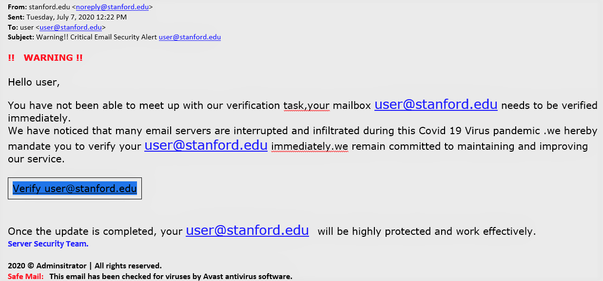Phishing Example (Image Source: Stanford University)