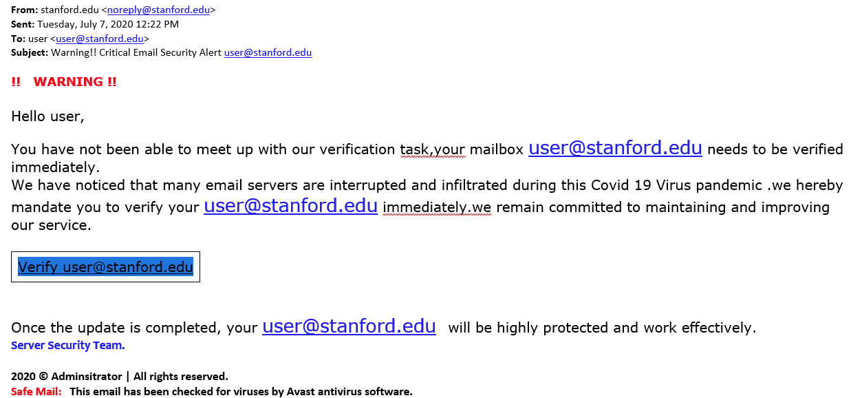 Phishing Example (Image Source: Stanford University )