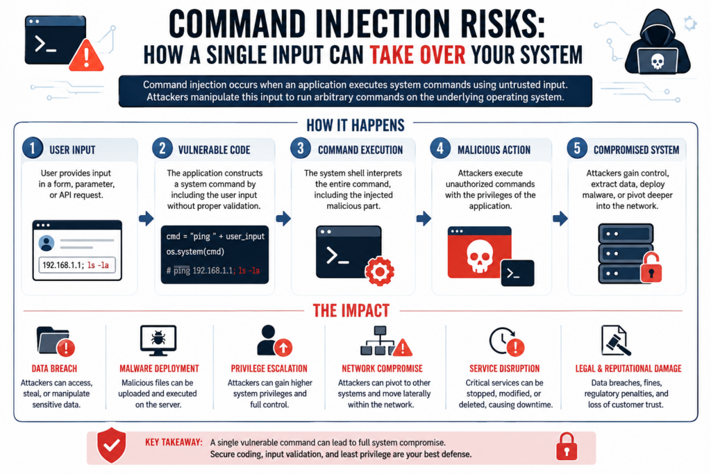 An infographic showing command injection risks, how a single input can take over your systems. The image shows how it happens and it's impact